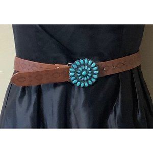 Western Turquoise Inlay Buckle Leather Belt Embossed Texture Women 26.5"-30.5"
